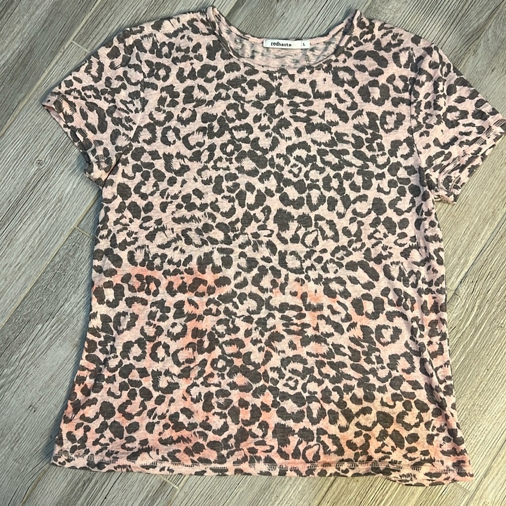 Red Haute, Large, short sleeve sweater, pink, with animal print.